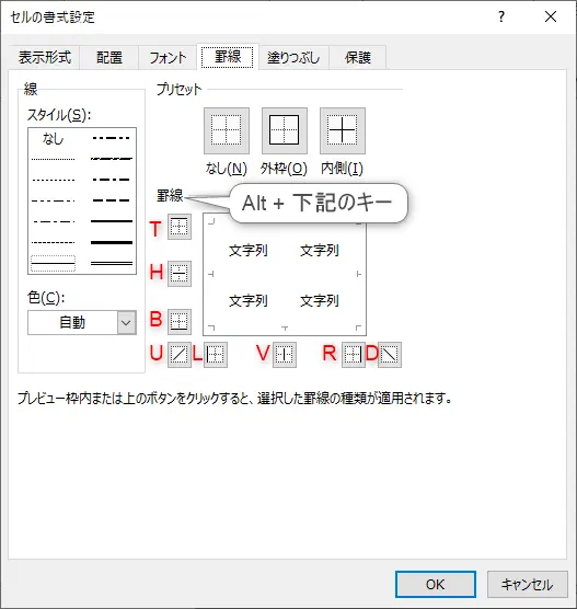 セルの書式設定から罫線を設定する際のショートカットキー