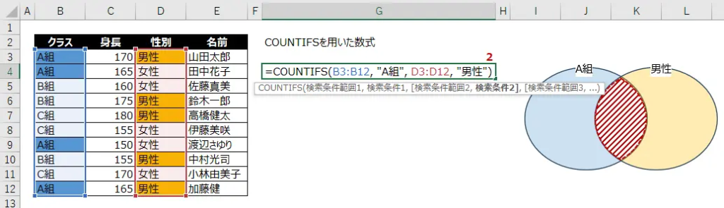 AND (かつ) 条件でCOUNTIFSを使用する具体例