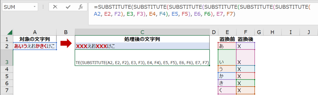 SUBSTITUTE関数を複数回使用し、置換したい文字列分繰り返す