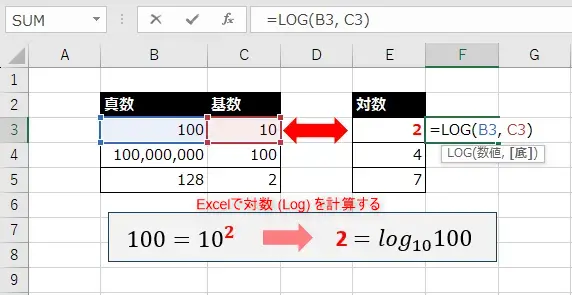 Excelで対数 (Log) を計算・変換する方法